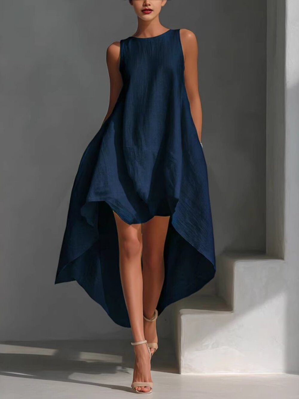 Spring Irregular High-Low Hem Sleeveless Dress